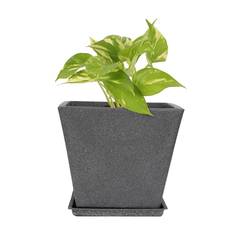 14 Inch Square Greece Marble Look Flower Pot With Tray Grey Granite