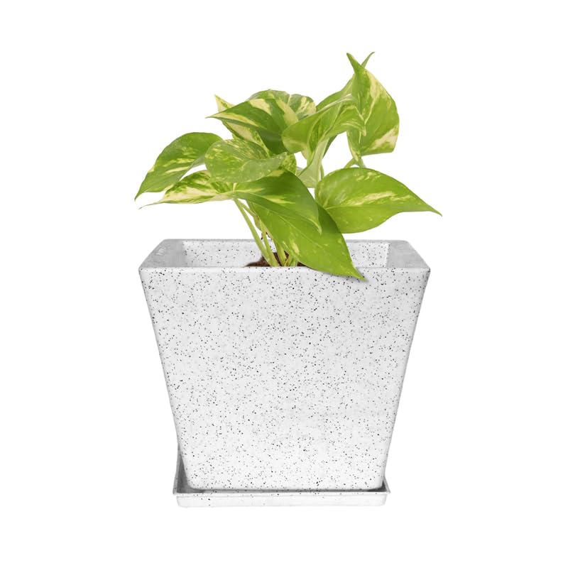 10 Inch Square Greece Marble Look Flower Pot With Tray White Marble
