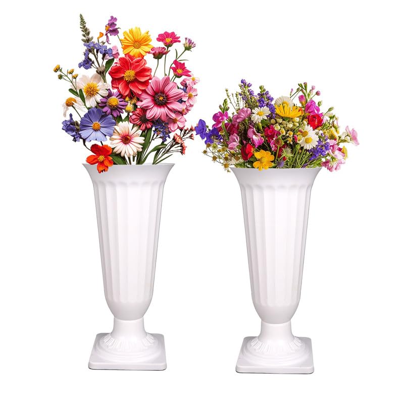 17 Inch White Frooti Plastic Flower Vases  Indoor Decor (set Of 2)