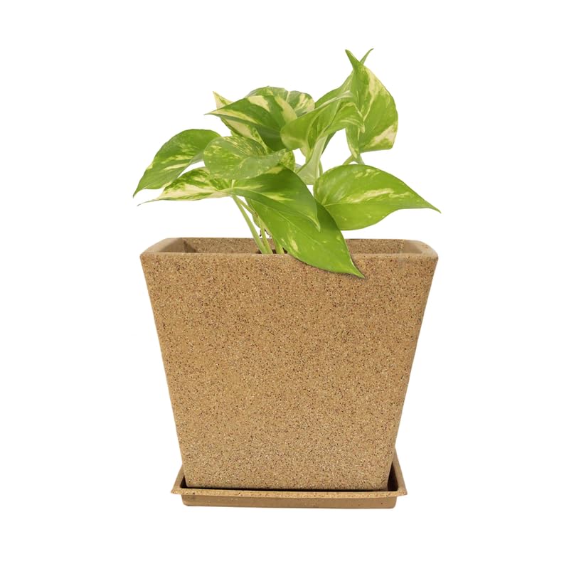 14 Inch Square Greece Marble Look Flower Pot With Tray Sand Stone
