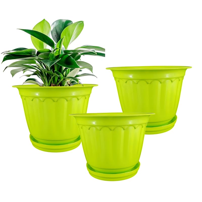 12 Inch Lemon Green Jasmine Planters With Drip Tray Home & Garden Decor (set Of 3)