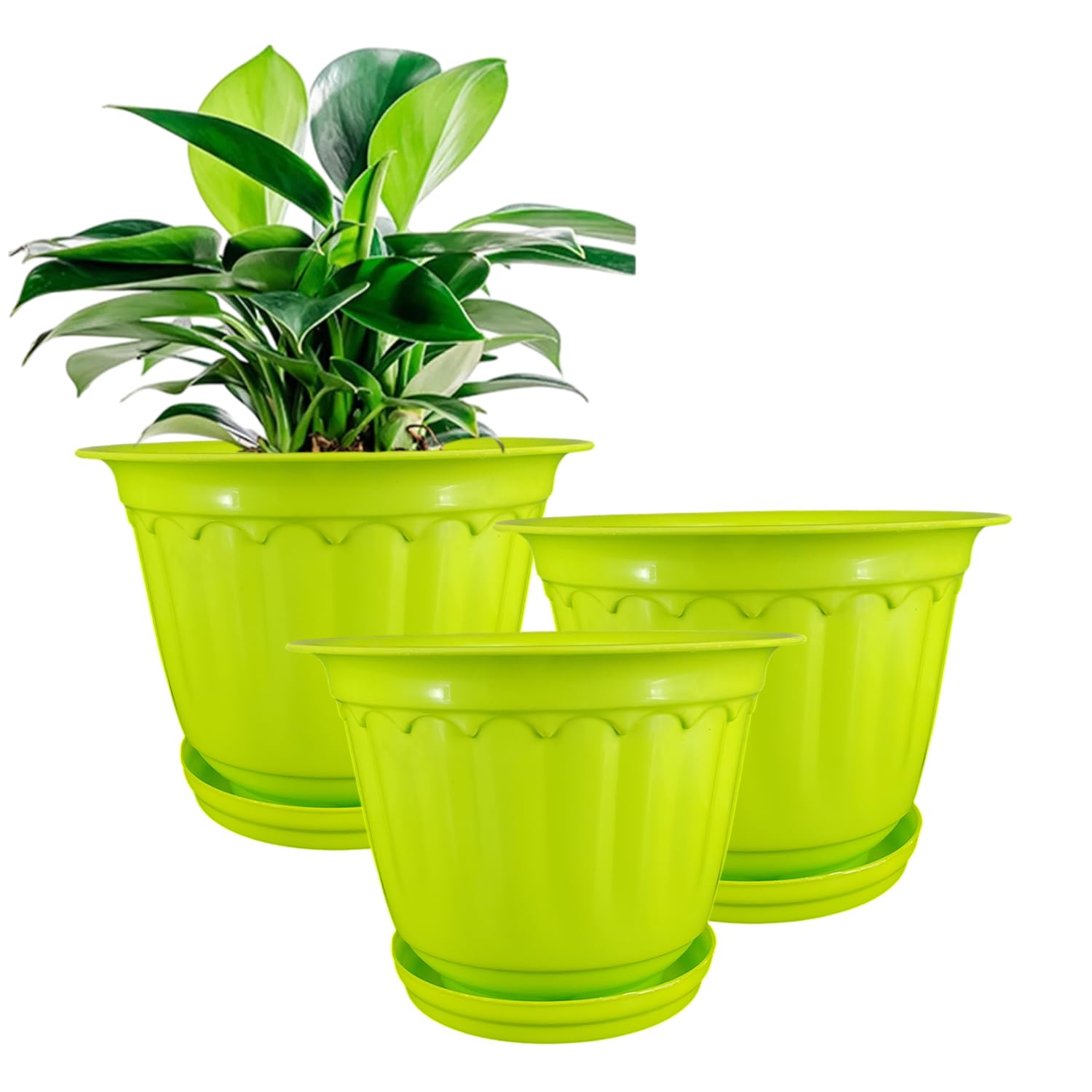 10 Inch Lemon Green Jasmine Planters With Drip Tray Home & Garden Decor (set Of 3)