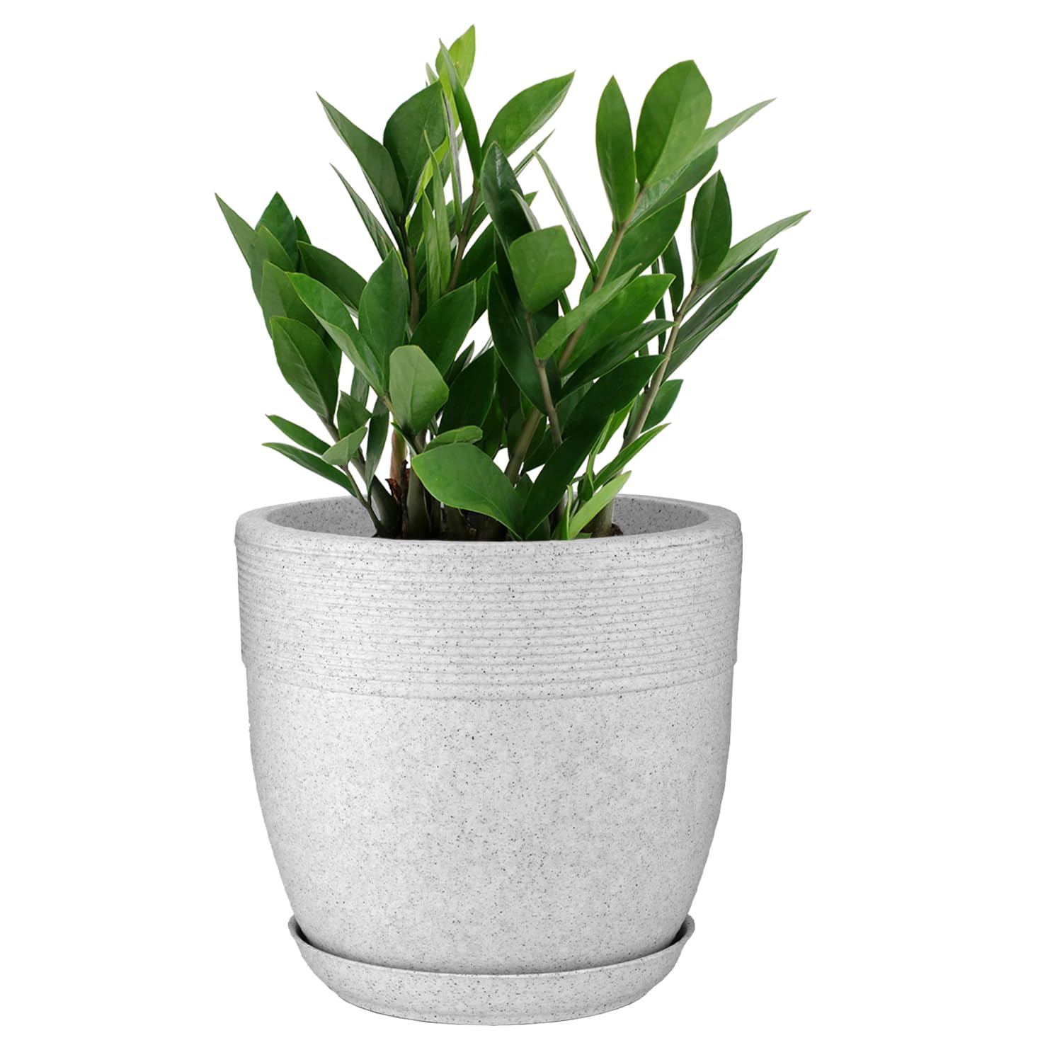 15 Inch White Marble Look Roto Moulded Flower Pot With Tray