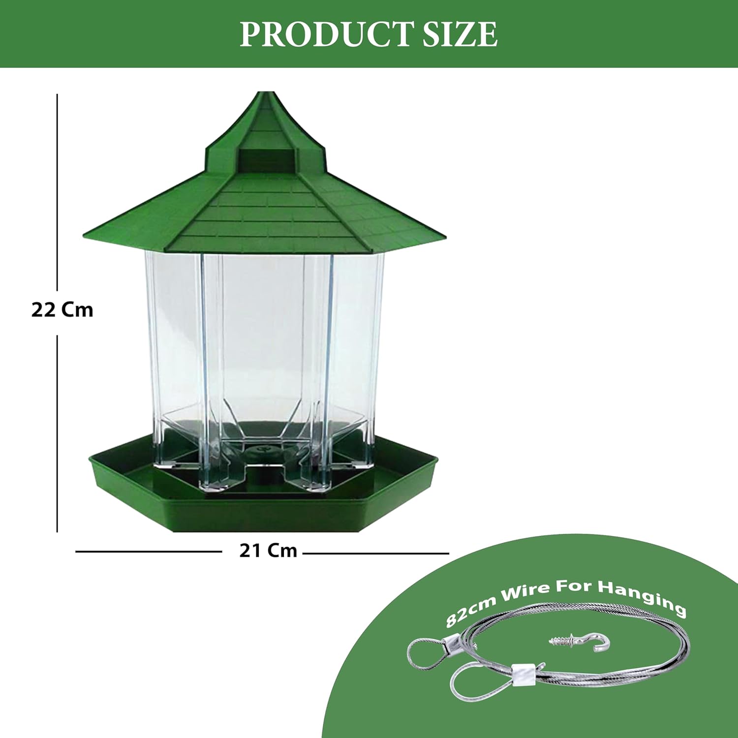 Hut Shaped Bird Feeder With Transparent Grain Holder With Hanging Wire (green)