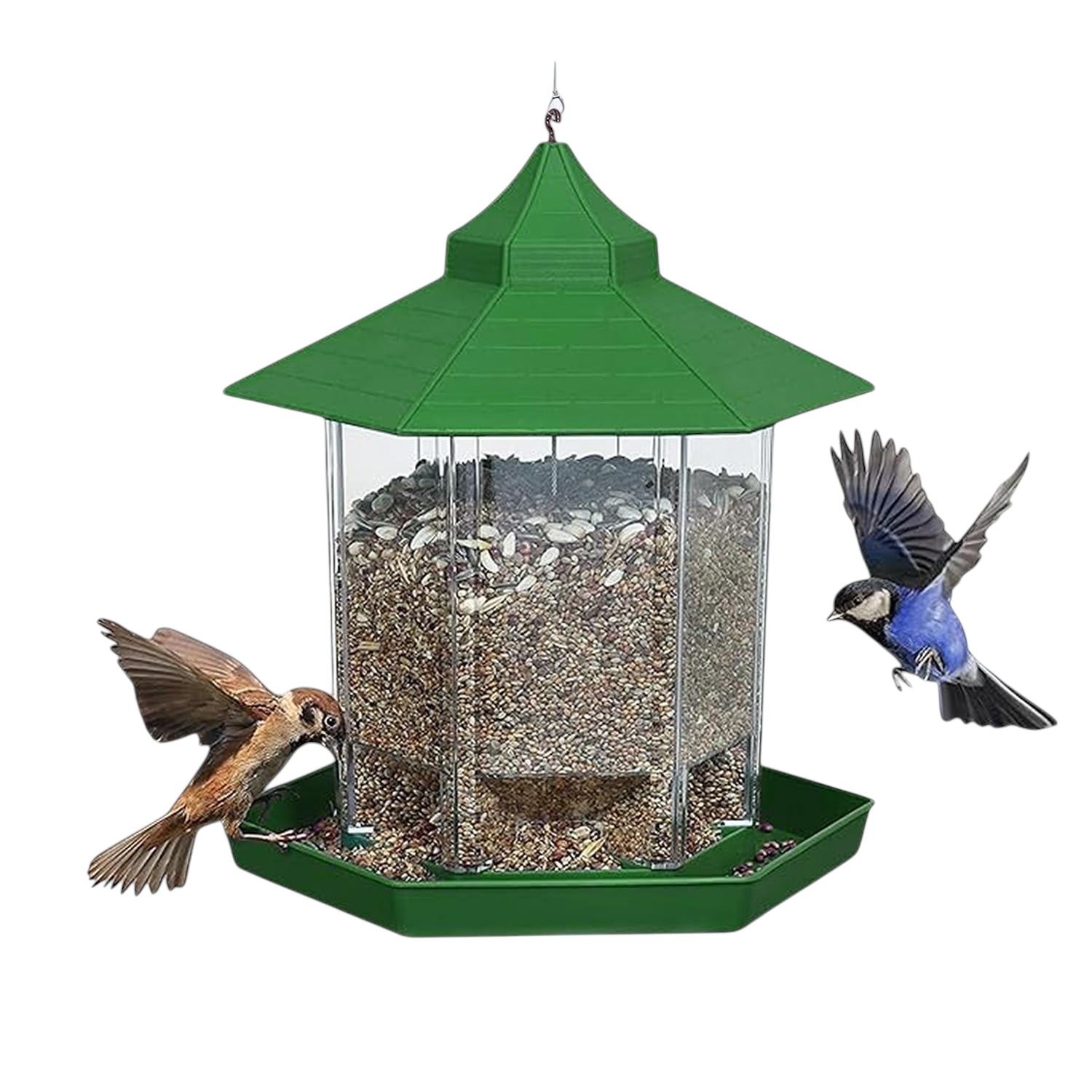 Hut Shaped Bird Feeder With Transparent Grain Holder With Hanging Wire (green)
