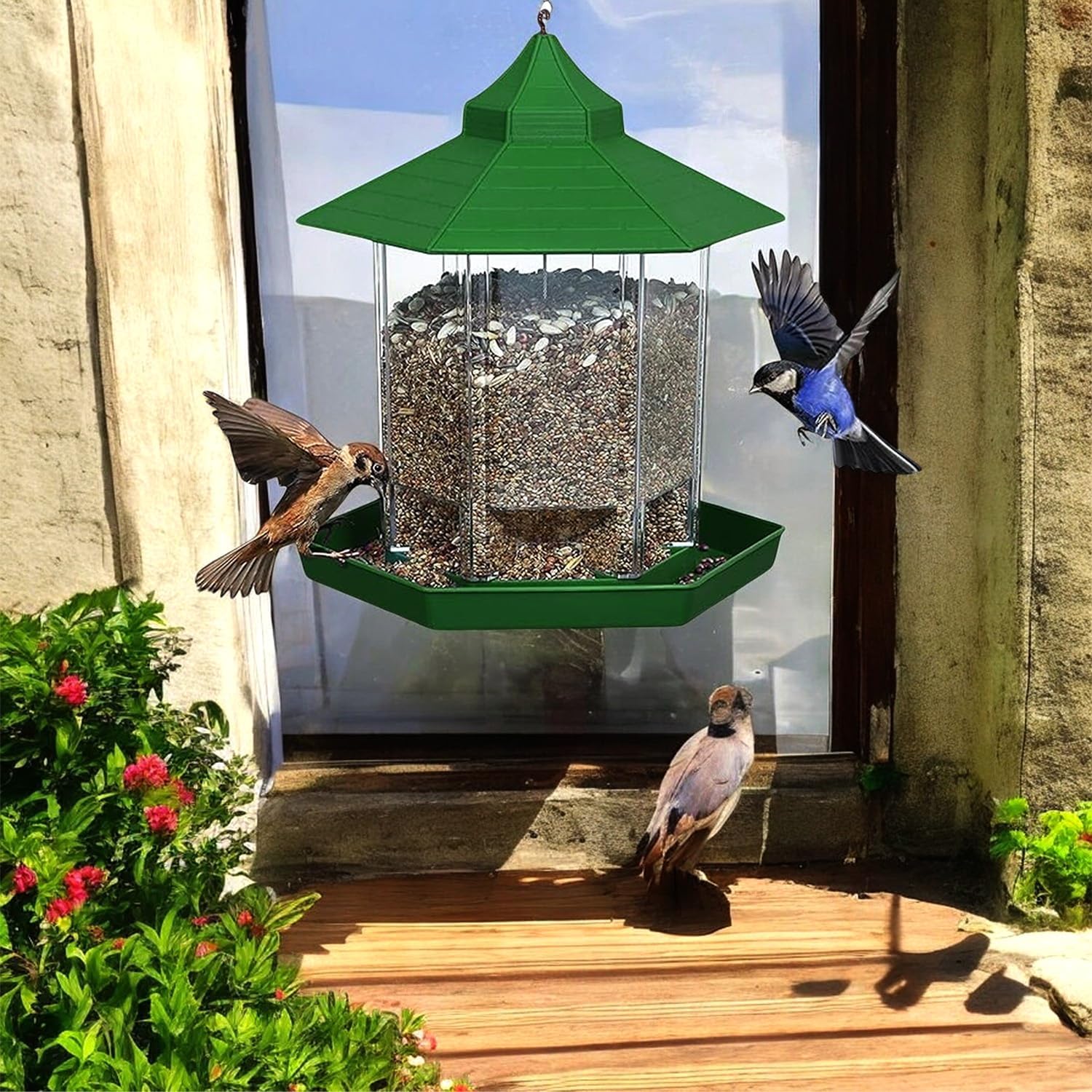 Hut Shaped Bird Feeder With Transparent Grain Holder With Hanging Wire (green)